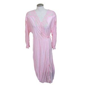 Vintage Cindy Ann Lace Detailed Peignoir Robe Size M Pink Nylon Long Sleeve 60s